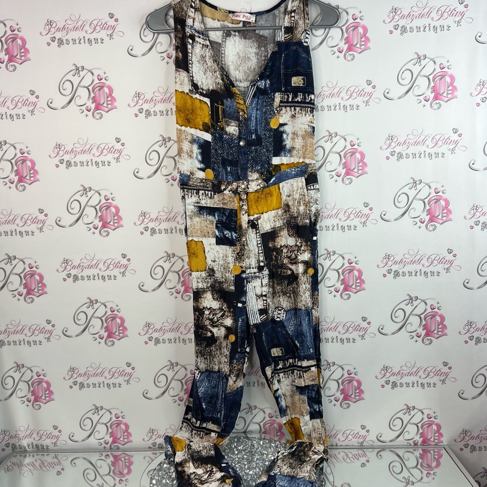 Park polo club one piece jumper pants suit patchwork Chic Blue Yellow Jean look